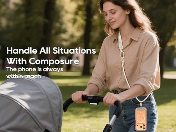 Text reads 'Handle All Situations' and 'With Composure'. Product demonstration showing phone accessory in use while person stands outdoors.