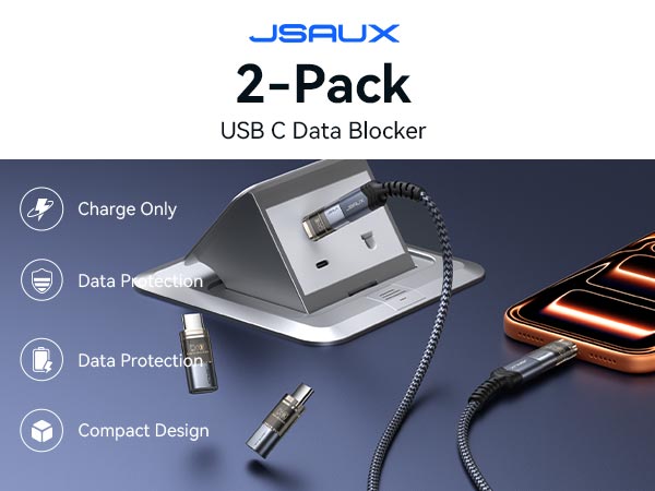 2 pack USB C data blocker adapters for charge only use and secure public charging.