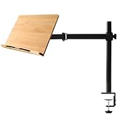 Bamboo Book Stand Height Adjustable with Clamp, wishacc Table Side Cookbook Rest - Desktop Readin...