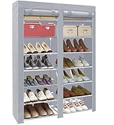 ERONE Shoe Rack Storage Organizer , 28 Pairs Portable Double Row with Nonwoven Fabric Cover Shoe ...