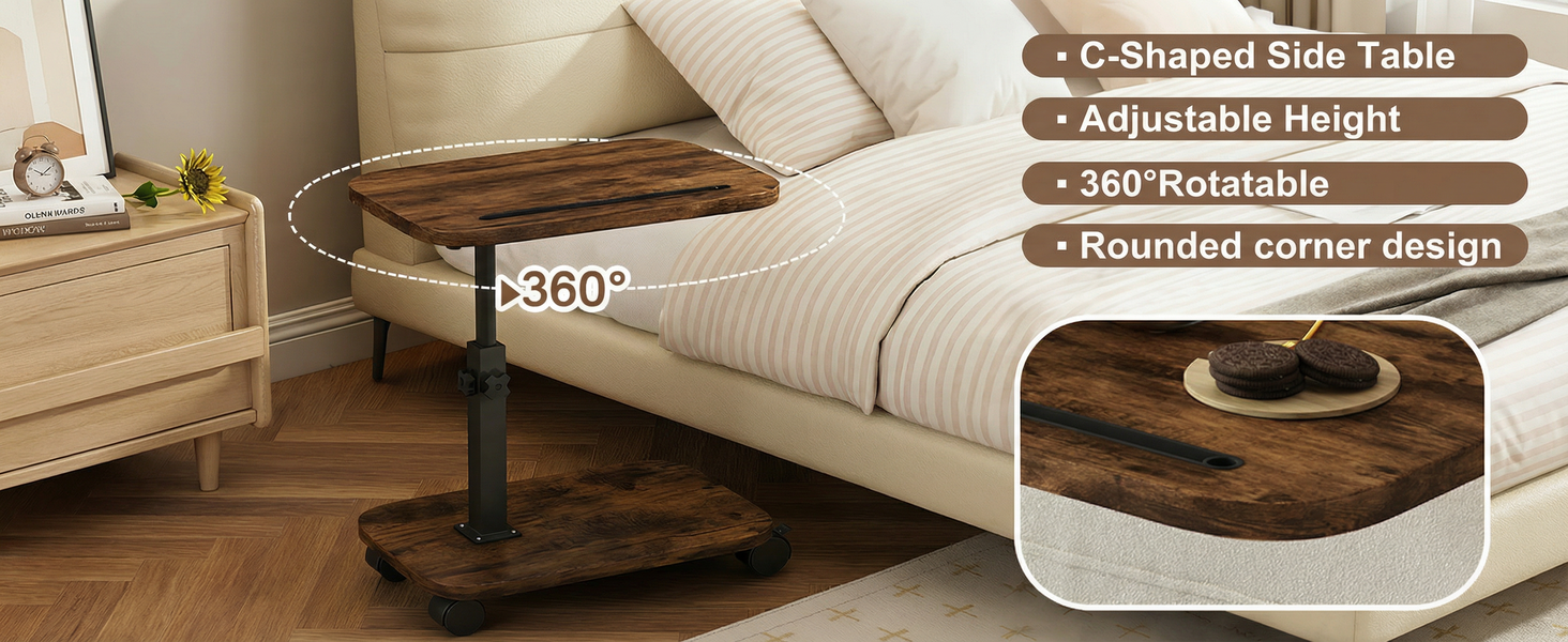 C-Shaped Side Table Adjustable Height 360Rotatable Rounded corner design