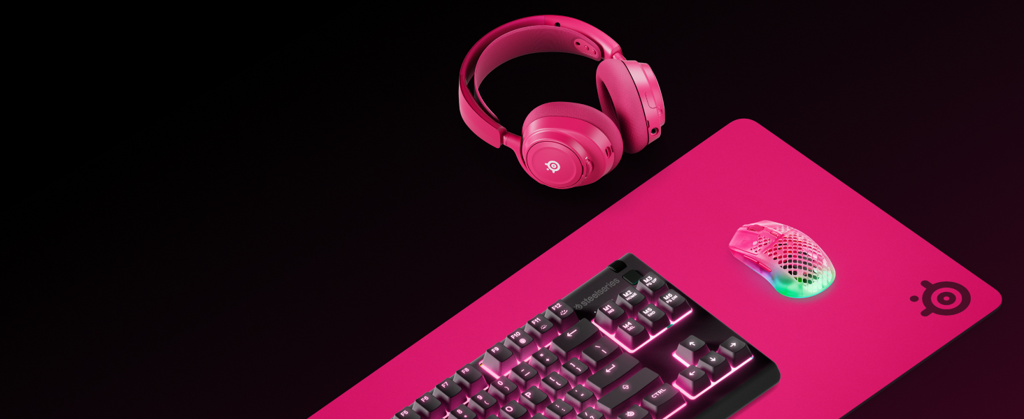 Coordinated magenta pink mousepad, mouse, keyboard and headset