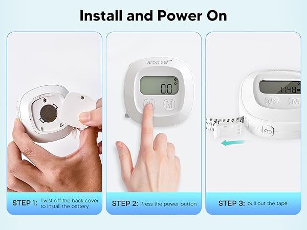 Measuring tape for body measurements: install battery, press power button, and pull out the tape.