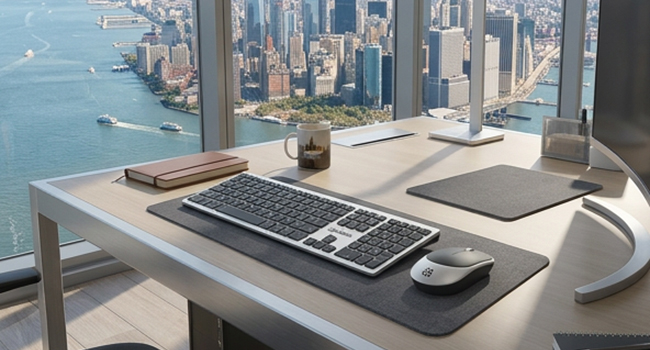 A minimalist workspace with a plant and organized office supplies on a wooden surface