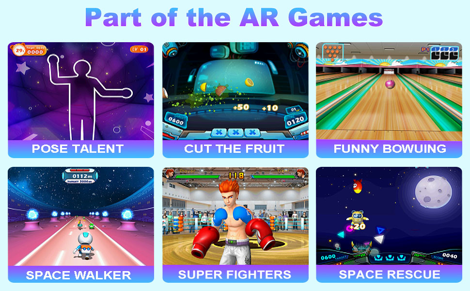 Text reads 'Part of the AR Games' showing 6 game thumbnails: 'MORE TALENT', 'CUT THE FRUIT', 'FUNNY BOWLING', 'SPACE WALKER', 'SUPER FIGHTERS', 'SPACE RESCUE'. Mobile game interface collection with colorful arcade-style graphics.
