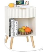 Fultyle White Nightstand with Charging Station, Mid Century Modern Bedside Table with Drawers and...