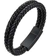 ChainsHouse Mens Wrap Braided Leather Black Bead Bracelets Bangles, Vintage Star of David/Wing Sk...
