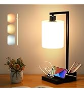 Dimmable Bedside Table Lamp with Dual USB Ports &amp; AC Outlet, Adjustable Brightness &amp; Color Temper...