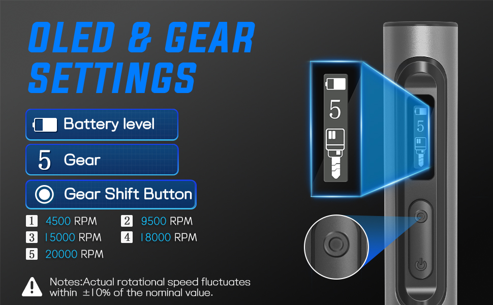 Engraver pen cordless rotary tool OLED display shows 5 speeds and battery for wood carving tools