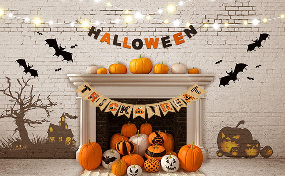 Halloween Banner Happy Trick or Treat Hanging Burlap Banner for Fireplace, Halloween