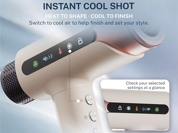 Instant cool shot hair dryer with digital status display for finishing styles