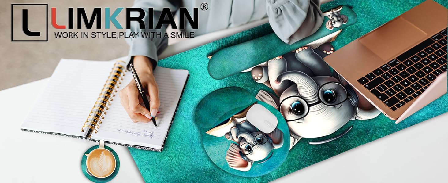 Cute Elephant Desk Mat Ergonomic Mouse Pad Keyboard Mat Wrist Rest, Cup Coaster Set