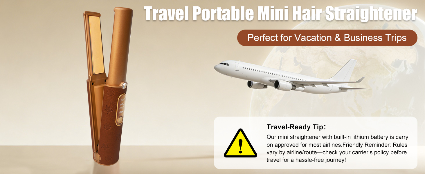 Text reads 'Travel Portable Mini Hair Straightener' and 'Perfect for Vacation &amp; Business Trips'. Product promotional banner showing compact hair styling tool with airplane graphic.