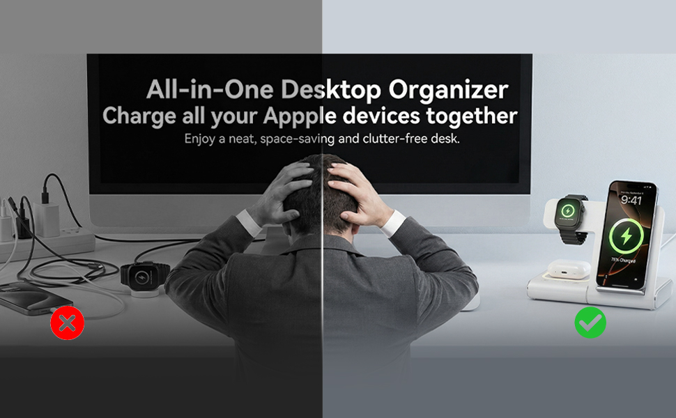 All-in-one wireless charger keeping a desktop neat and free from messy charging cables.