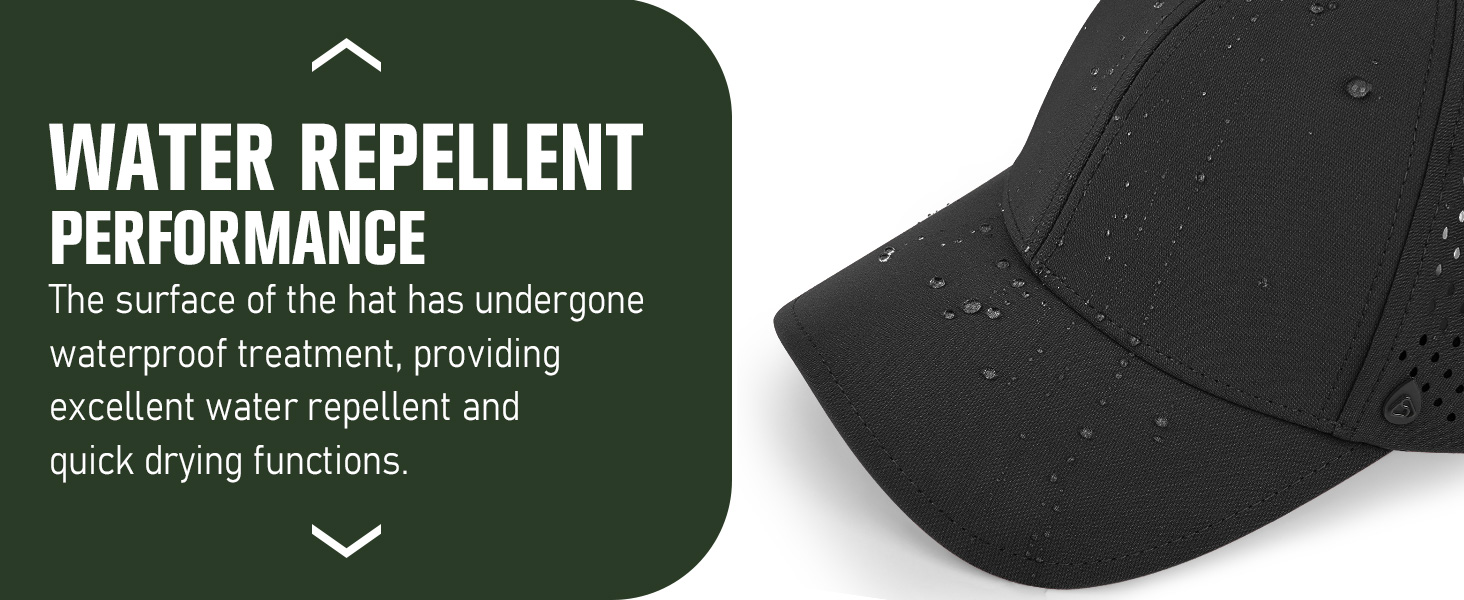 Black baseball cap with water repellent surface. Text highlights waterproof treatment, water repellent properties, and quick drying functionality.