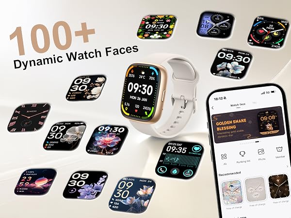 Text reads "100+ Dynamic Watch Faces". Smartwatch with white band shown with 12+ customizable watch face designs displayed around it, plus smartphone app interface screen.