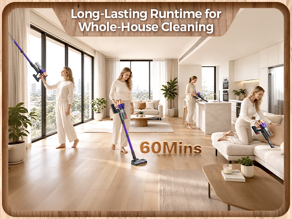 60 minutes long runtime on one charge — clean your whole home without stopping.