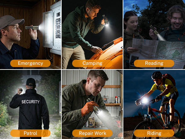 The aluminum flashlight has multiple uses, such as camping, reading, patrolling, walk, repair work