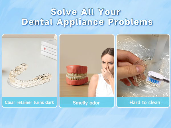 Text reads: 'Solve All Your Dental Appliance Problems'. Three-panel image showing clear retainer, person with dental appliance, and cleaning demonstration.