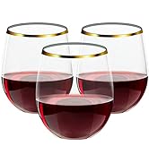 FOCUSLINE 32 Pack 12 OZ Plastic Wine Glasses | Stemless Disposable Wine Cups, Gold Rim Plastic Un...