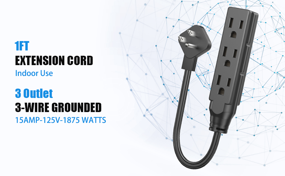 1 FT Short Power Extension Cord, HITRENDS 3 Outlet Extension Cord, 3 Prong Grounded Wire