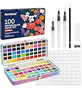 100 Solid Watercolor Paint Kit, Portable Travel Case with Brushes, Metallic, Macaron, Fluorescent...