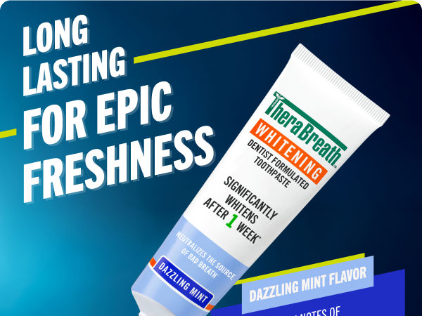 A tube of therabreath whitening toothpaste on a blue background conveys a refreshing tone