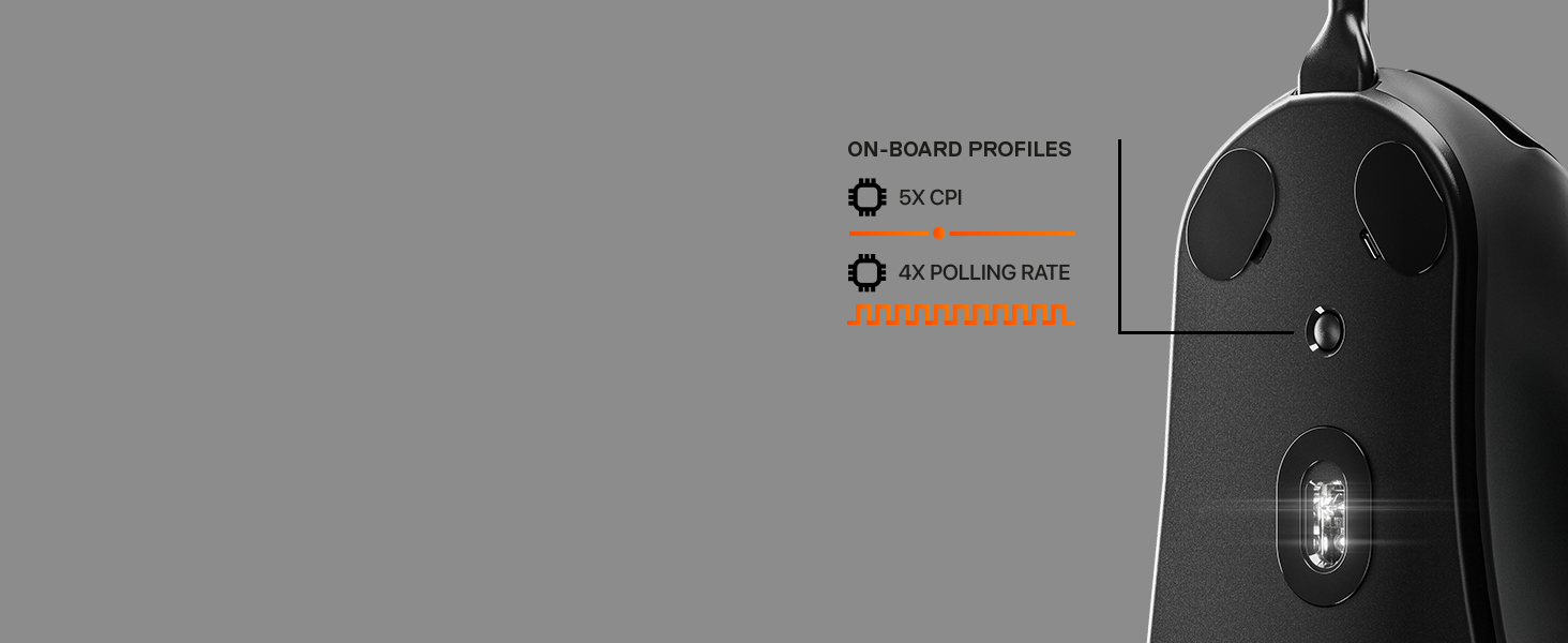 SteelSeries prime mouse 4 polling rate and 5 CPI options located inside mouse
