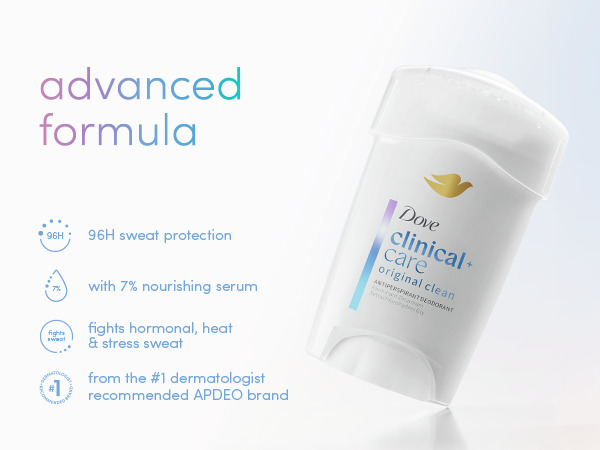 Clinical antiperspirant stick (brand with gold leaf logo) displayed at an angle