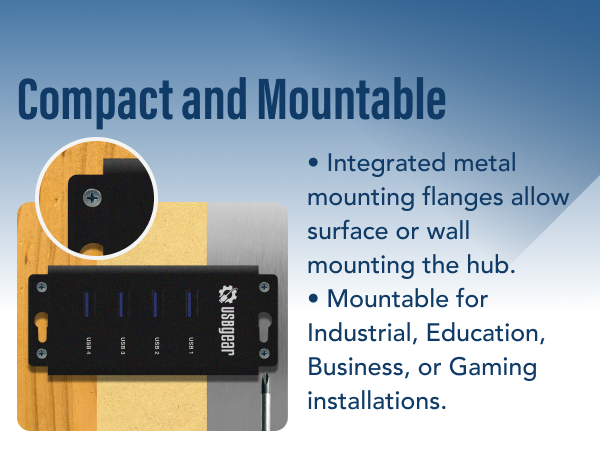 USBgear mountable 4 port USB hub installed with screws, sturdy USB port hub for desks