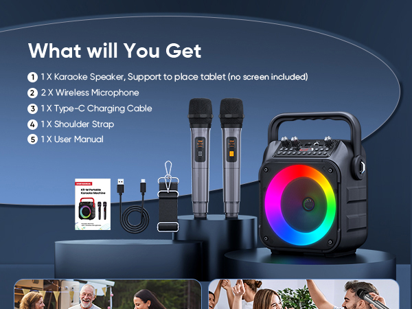 Portable Bluetooth Speaker with 2 Wireless Microphones for Adults