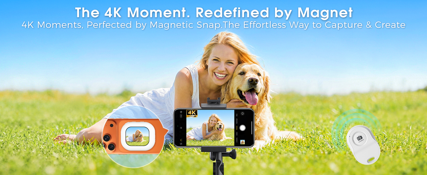 Text reads: 'The 4K Moment. Redefined by Moment'. Outdoor scene with dogs in flowering meadow showing camera interface overlay with recording controls.