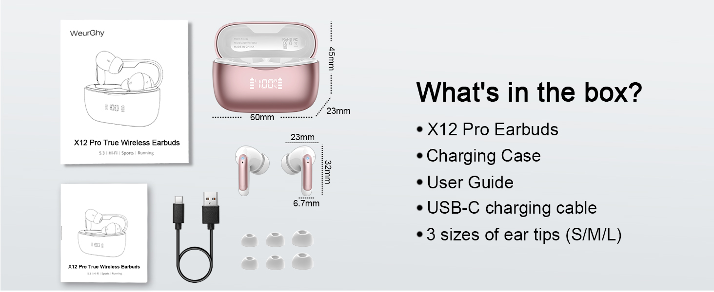 Product diagram showing X12 Pro earbuds package contents: charging case, earbuds, USB-C cable, user guide, and three sizes of ear tips.