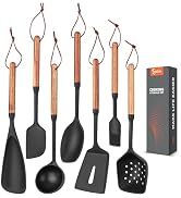 Silicone Cooking Utensils Set of 7 Pack, Wood Handle Heat-Resistant Kitchen Utensils, Non-Stick C...