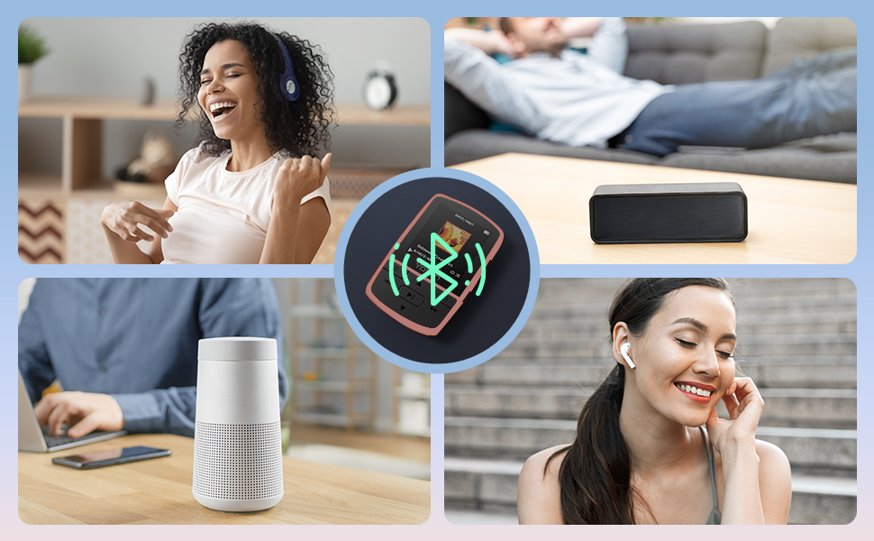 Collection of lifestyle photos showing smart speaker device in various home settings, demonstrating different usage scenarios.