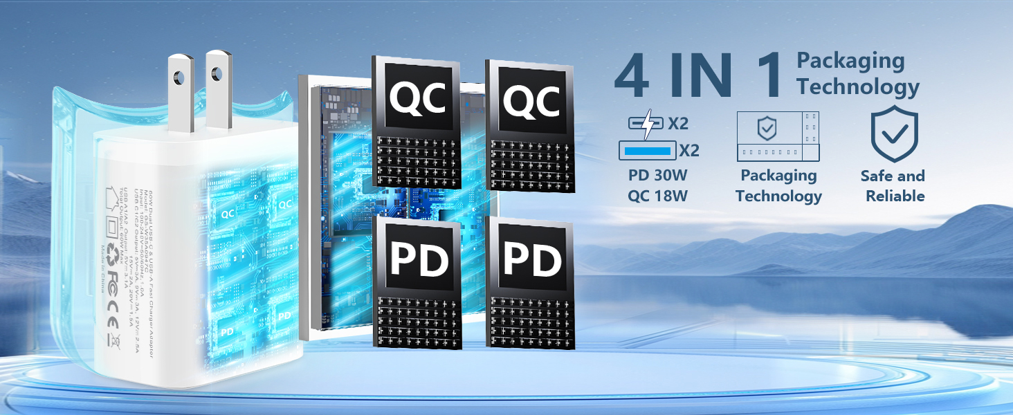 2Pack 60W 4Port USB C Wall Charger Block Dual PD&QC Power Type C Fast Charging Adapter USB-A Charger