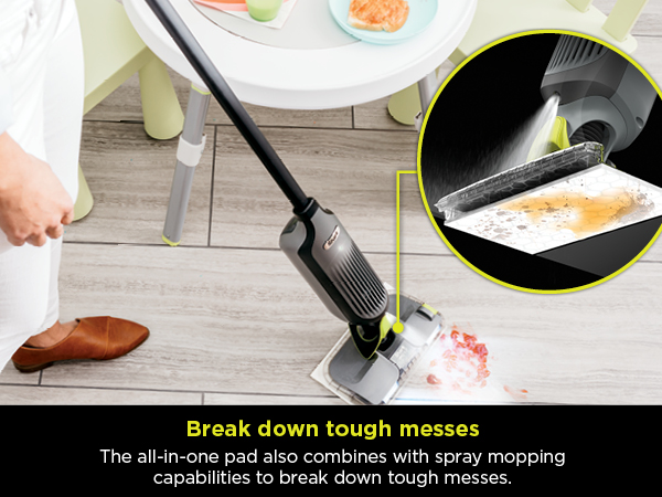The all-in-one pad also combines with spray mopping capabilities to break down tough messes.