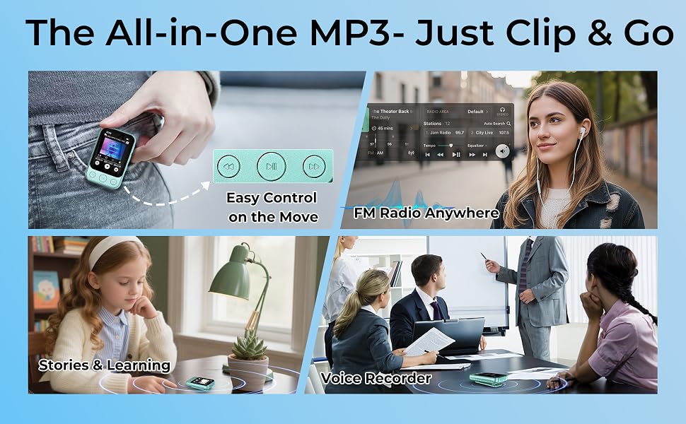 Mini Bluetooth MP3 Player with Clip HiFi Lossless Audio Shuffle Speaker Touchscreen Voice Recorder