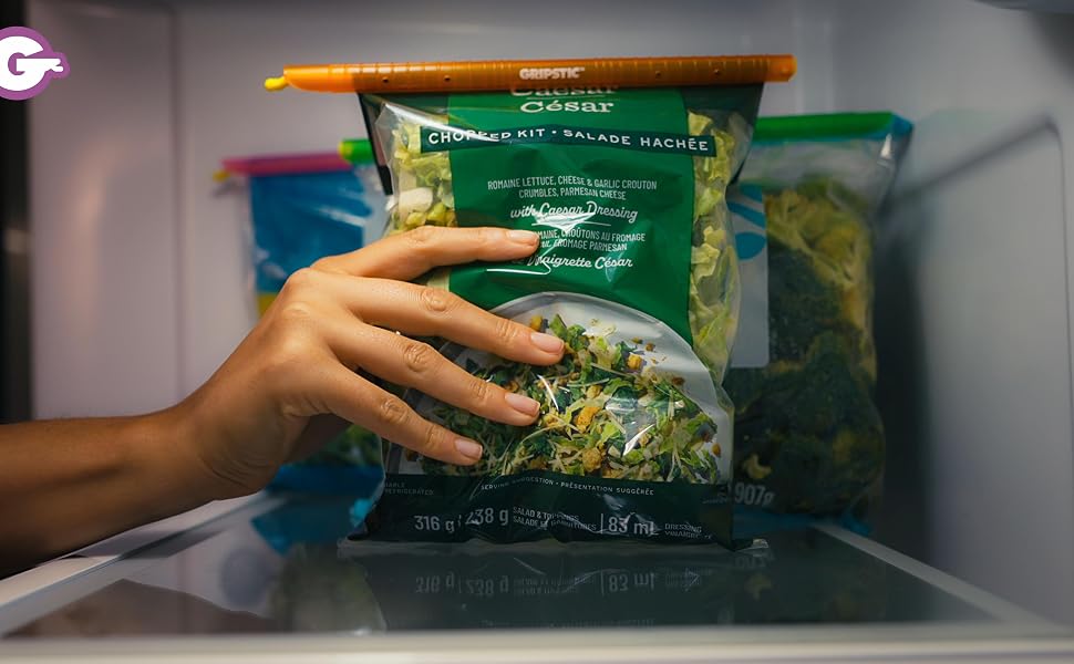 Salad bag in fridge sealed with GripStic