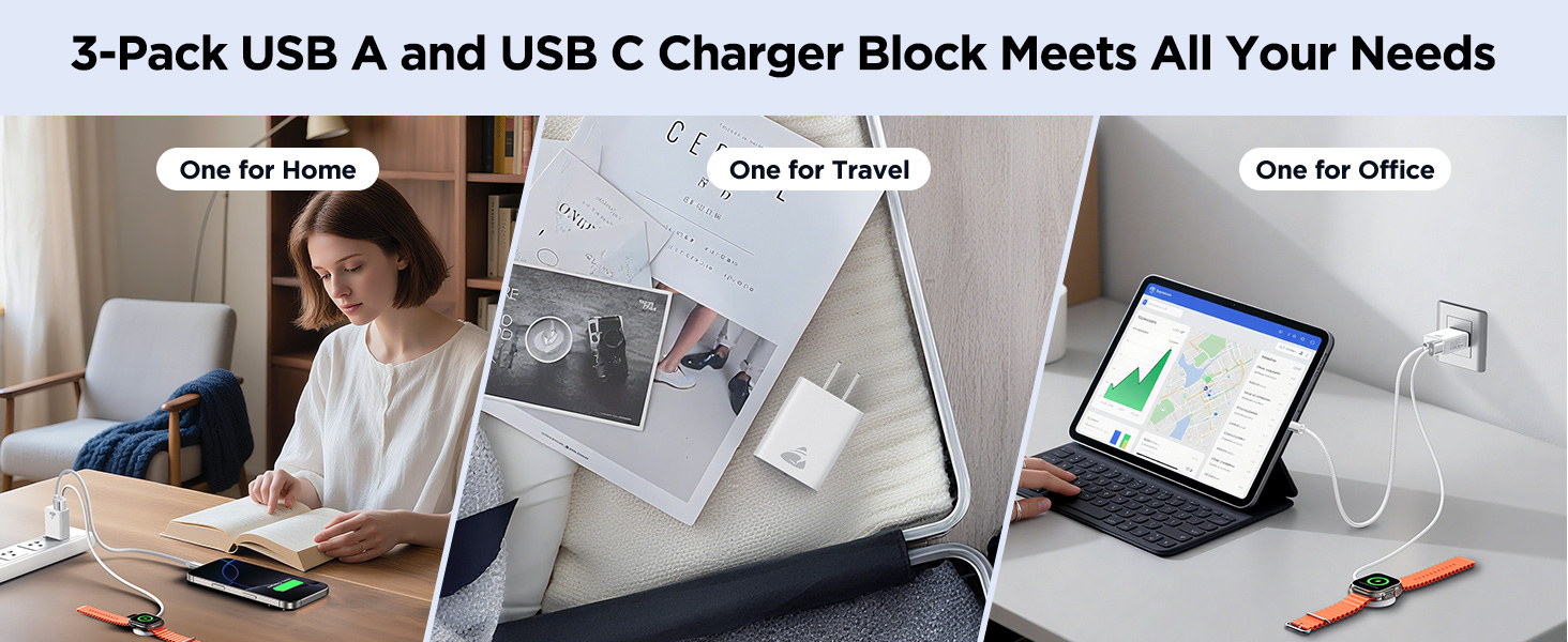 3-Pack usb block charger: one for home, one for the office, and one for travel
