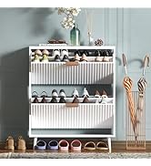 QIVOMIX Shoe Cabinet Storage,Modern Freestanding Organizer with 2 Flip Drawers,Narrow Shoe Rack C...