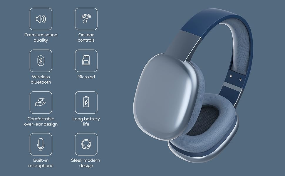 Wireless Bluetooth Headphones, Over Ear Noise Isolation Earphones, Built-In Microphone, Adjustable