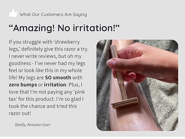 Close-up of a hand holding a pink razor against skin. Customer review text praising the product for smooth shaving without irritation.