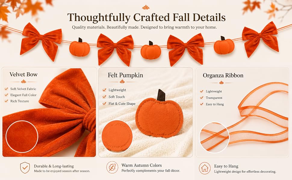 velvet bow garland rustic autumn decor mantel decor fireplace decor fall banner harvest decorations