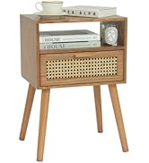 MaxSmeo Mid Century Modern Nightstand with Drawer, Small Nightstand Bedside Table, Brown Rattan N...