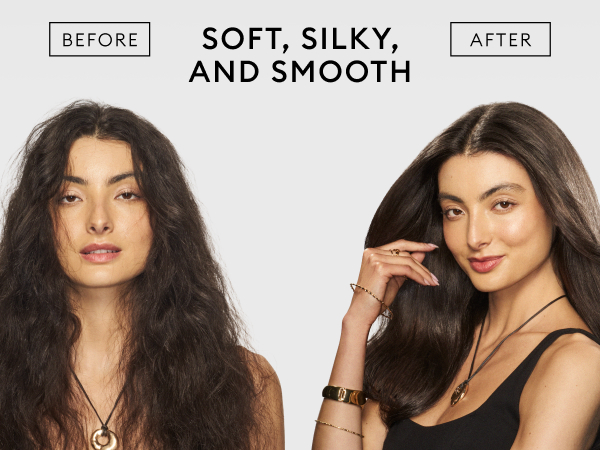 Before and after images showing smoother, silkier, shinier hair with reduced frizz.