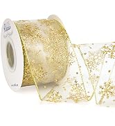Ribbli Snowflake Glitter Wired Ribbon, Ivory Organza Sheer Ribbon with Gold Glitter Snowflake Pat...