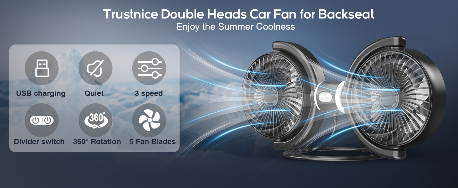Trustnice double heads car fan for backseat