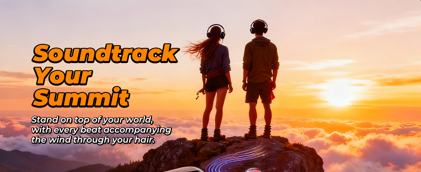 Two silhouetted figures with headphones on a mountaintop at sunset. Text: "Soundtrack Your Summit"
