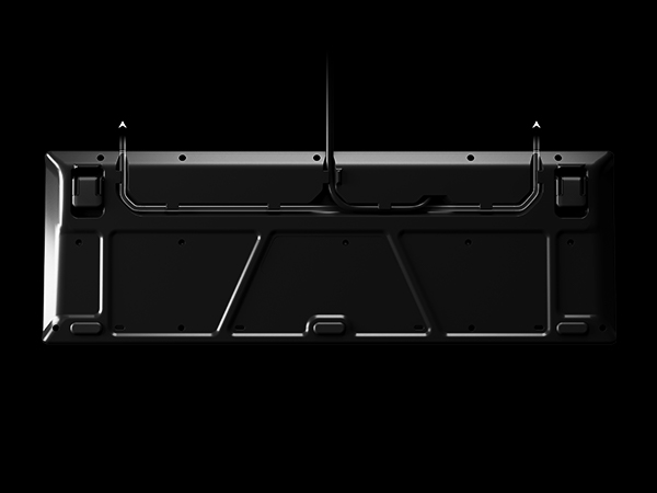 - Apex 3 underside displaying three channel options for the cable to exit the keyboard